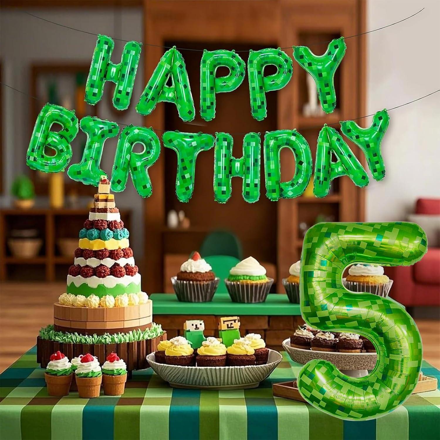 Set de Globos de Aluminio Pixel Minero 10 Pcs Verde y Marrón