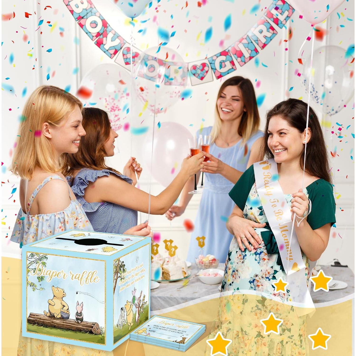 Juego de Baby Shower Winnie Pooh 50PCS - Caja de Rifa y Tarjetas