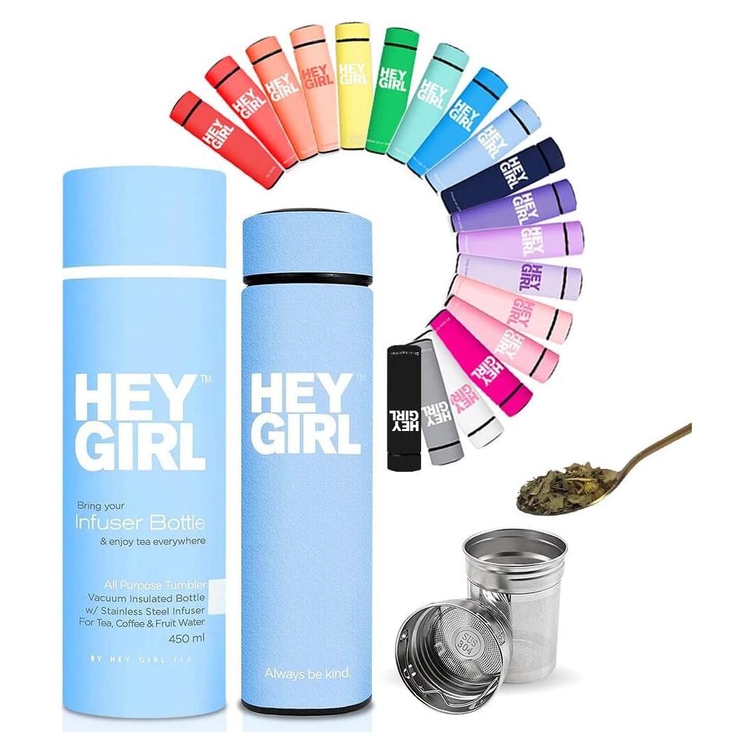 Hey Girl Tea Infuser Bottle 450ml - Insulated Stainless Steel Water Bottle - Tea Tumbler with Tea Diffuser - Portable Travel Mug for Loose Leaf Tea & Infused Water - Tea Lovers Gifts for Women