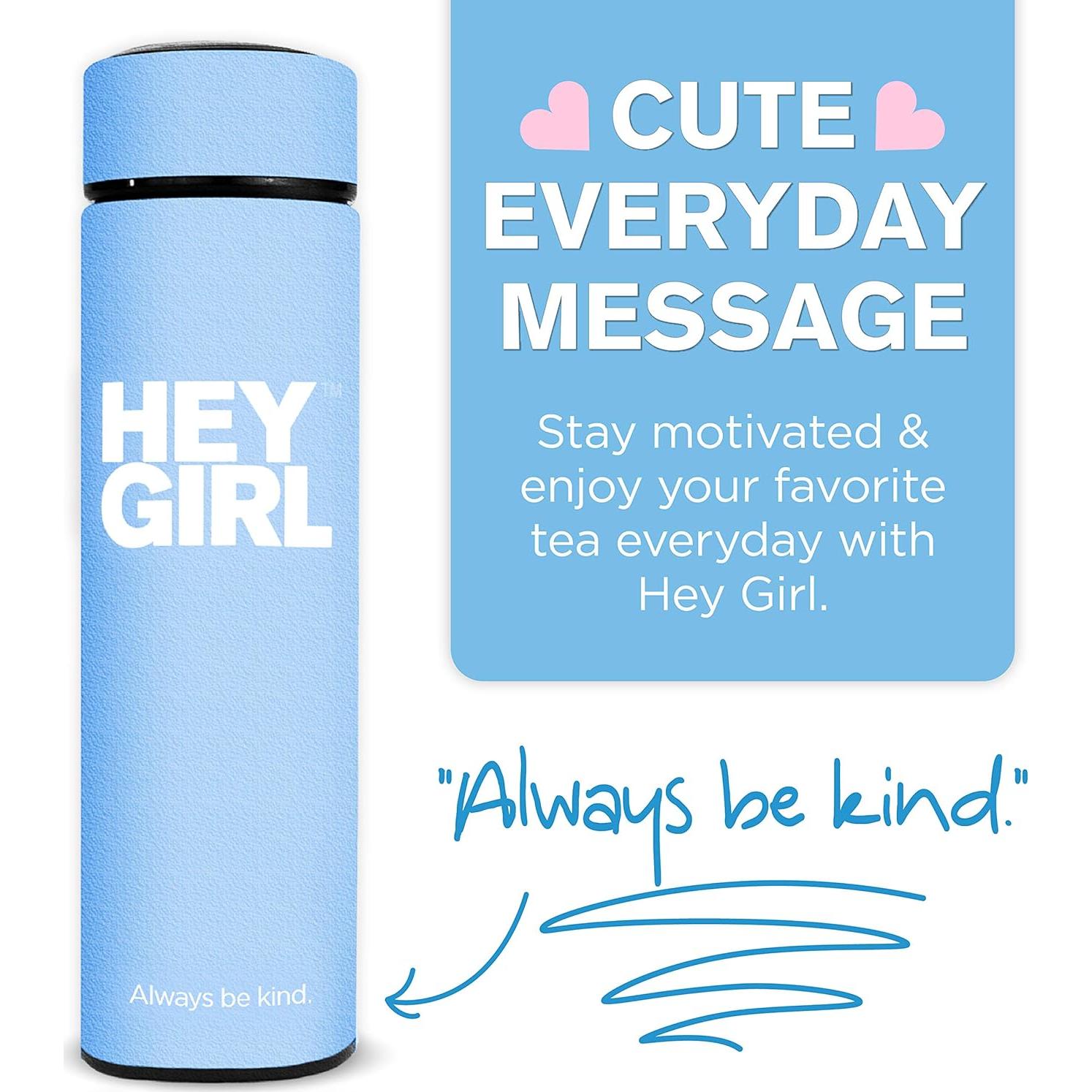 Hey Girl Tea Infuser Bottle 450ml - Insulated Stainless Steel Water Bottle - Tea Tumbler with Tea Diffuser - Portable Travel Mug for Loose Leaf Tea & Infused Water - Tea Lovers Gifts for Women