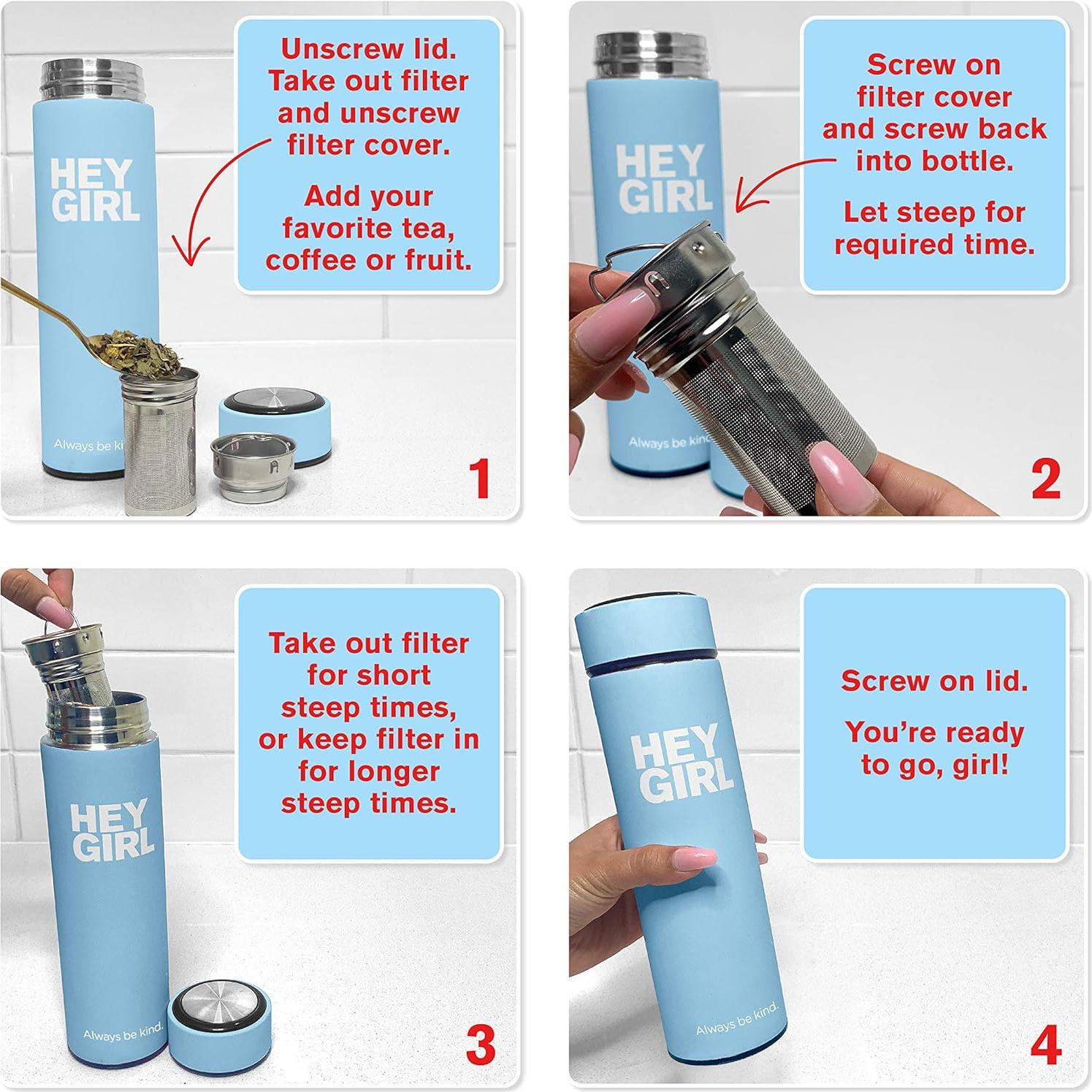 Hey Girl Tea Infuser Bottle 450ml - Insulated Stainless Steel Water Bottle - Tea Tumbler with Tea Diffuser - Portable Travel Mug for Loose Leaf Tea & Infused Water - Tea Lovers Gifts for Women