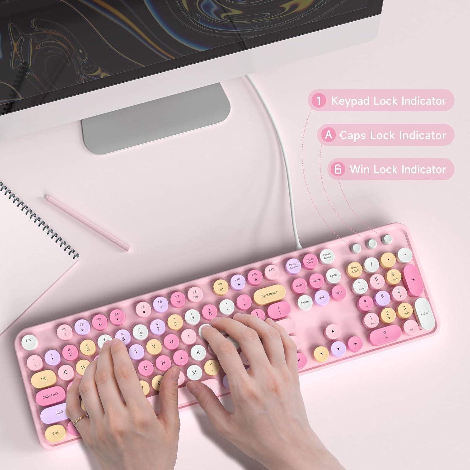MOFII Wired Keyboard, Full Size Retro Typewriter Keyboard with Round Keys, Cute Computer Keyboard for PC, Laptop, Desktop, Windows- Pink Colorful