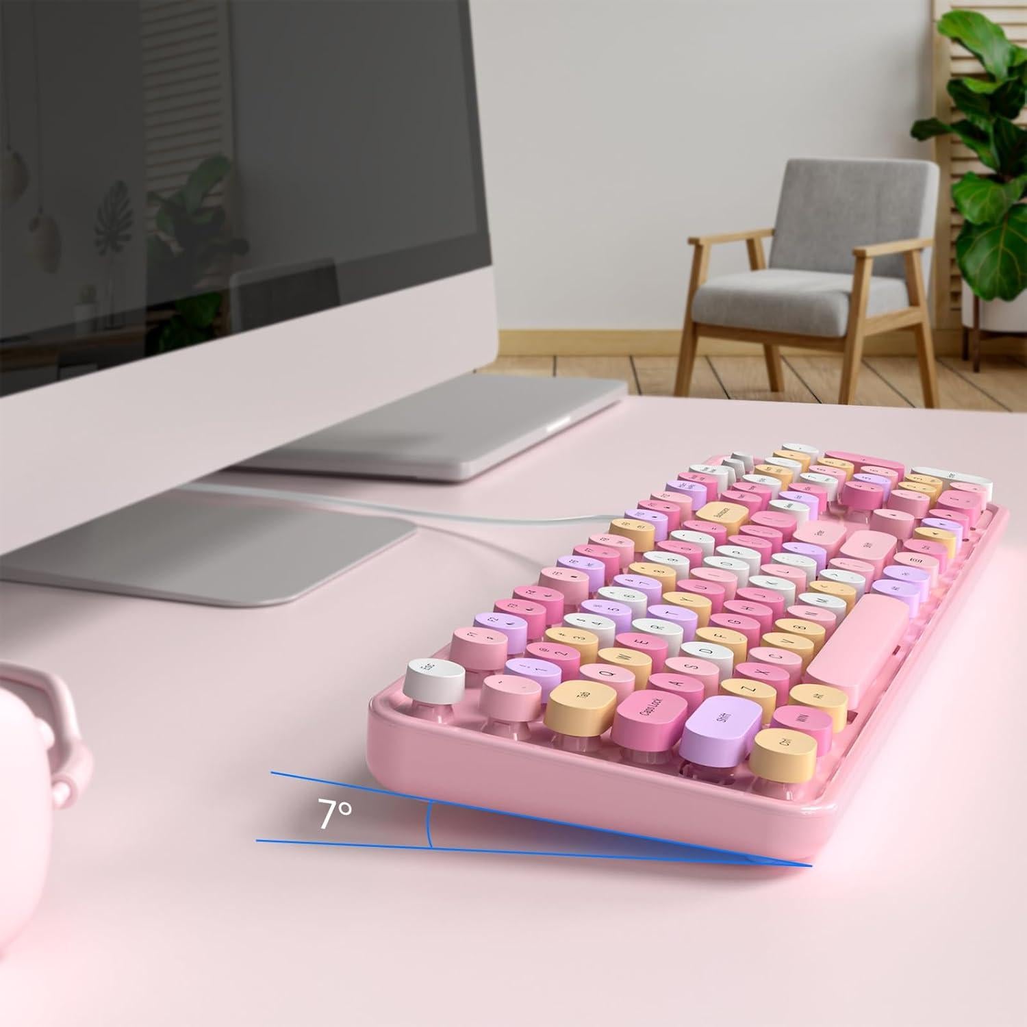 MOFII Wired Keyboard, Full Size Retro Typewriter Keyboard with Round Keys, Cute Computer Keyboard for PC, Laptop, Desktop, Windows- Pink Colorful