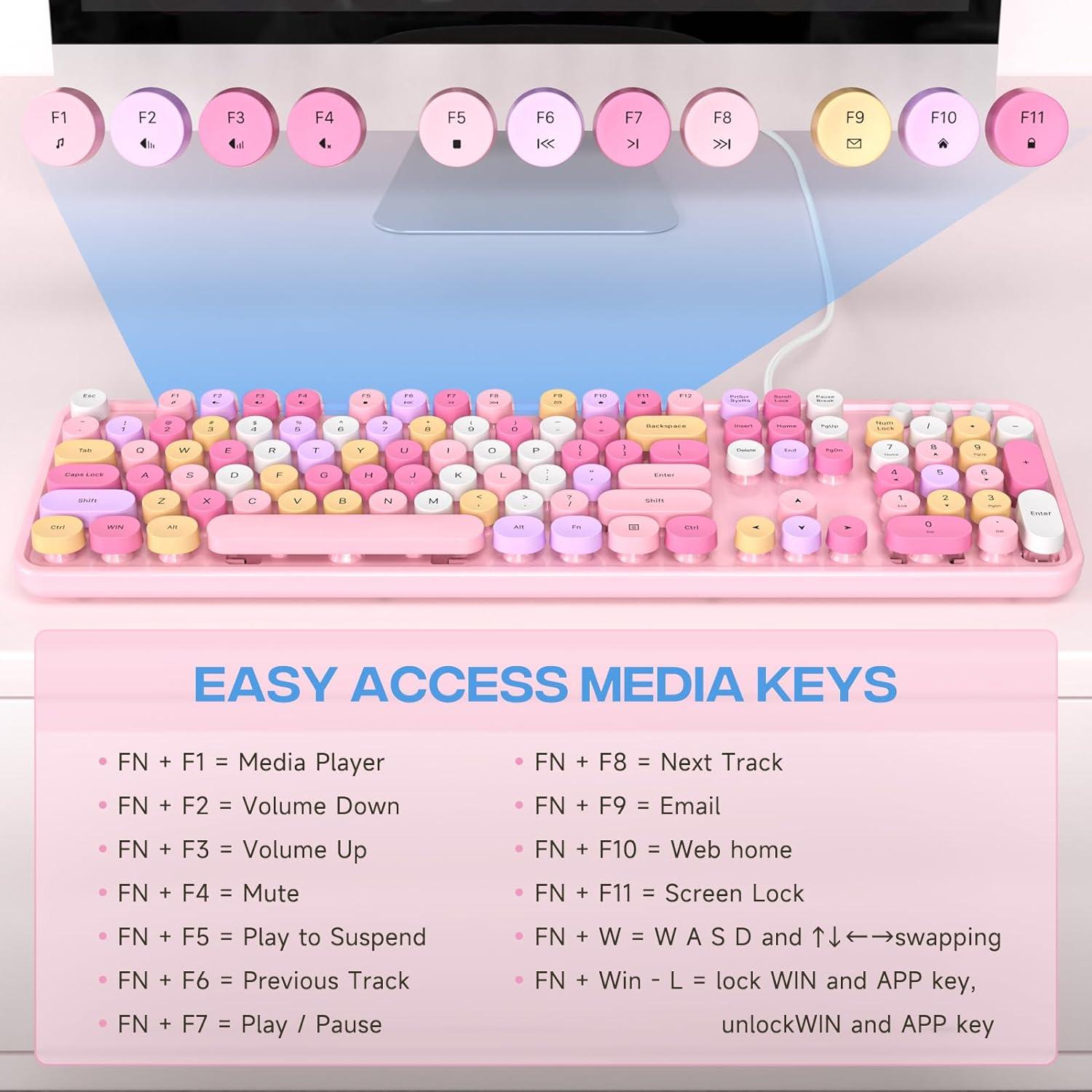 MOFII Wired Keyboard, Full Size Retro Typewriter Keyboard with Round Keys, Cute Computer Keyboard for PC, Laptop, Desktop, Windows- Pink Colorful