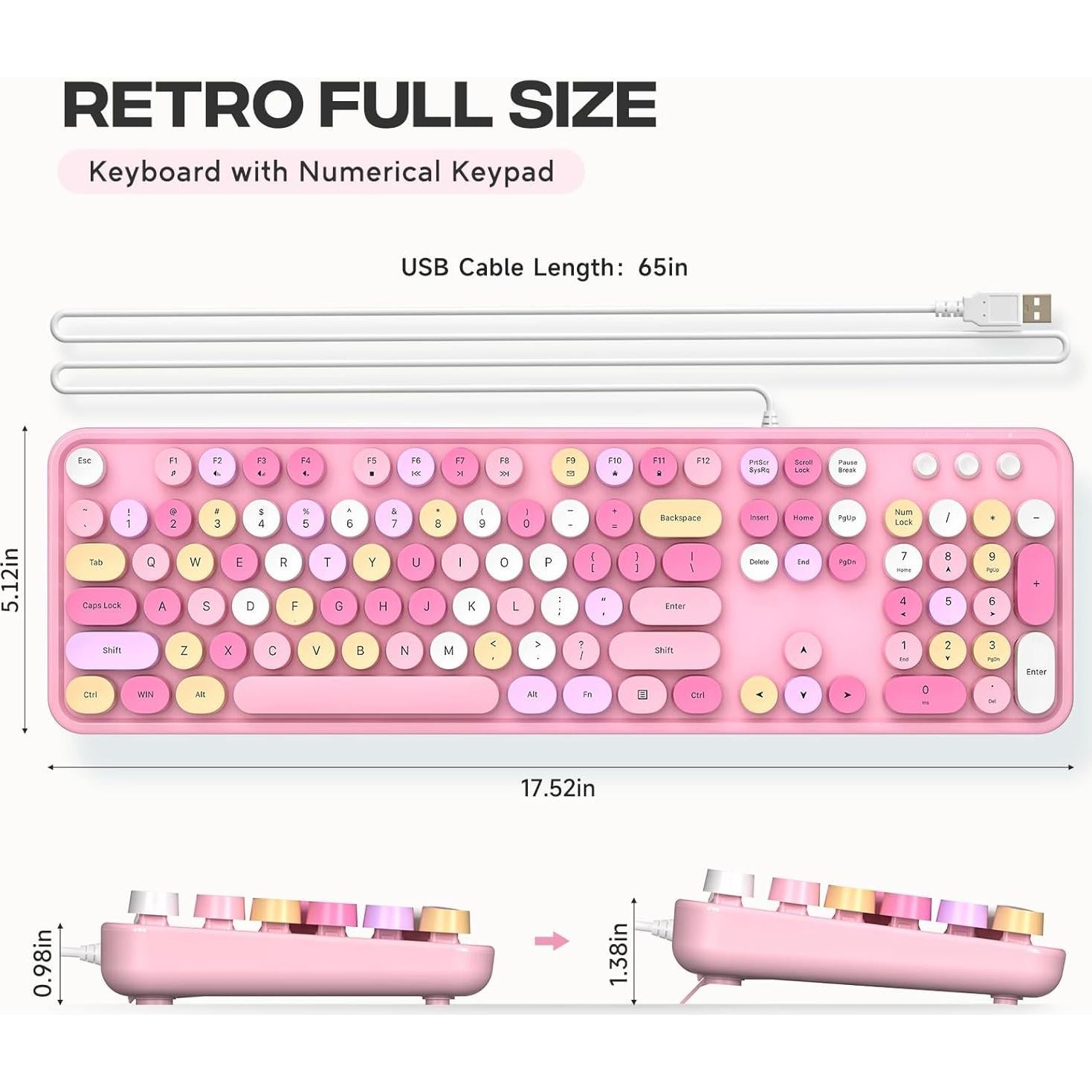 MOFII Wired Keyboard, Full Size Retro Typewriter Keyboard with Round Keys, Cute Computer Keyboard for PC, Laptop, Desktop, Windows- Pink Colorful