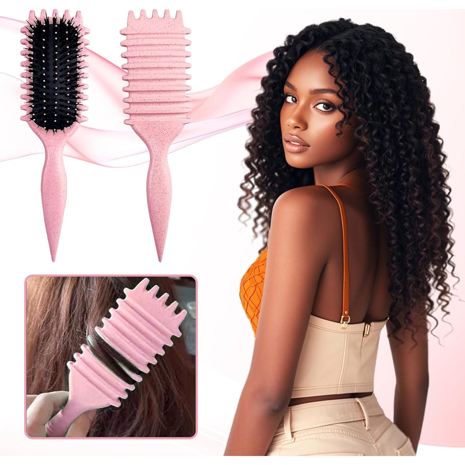 Cepillo Definidor de Rizos de Cerda de Jabalí Rosa - 28.3x7.4cm