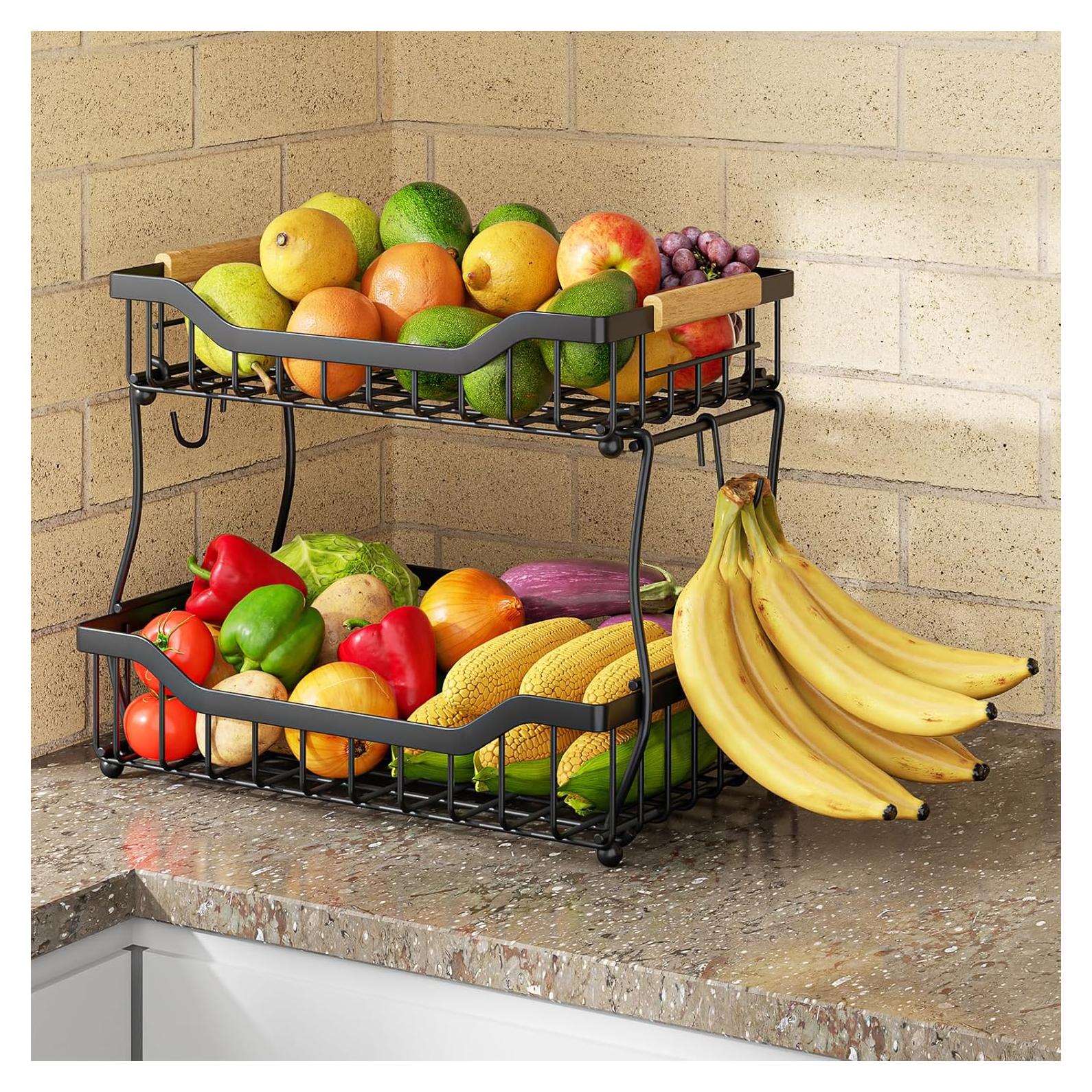 Cesta de Frutas de 2 Niveles Giwil - Organizador de Cocina Negro