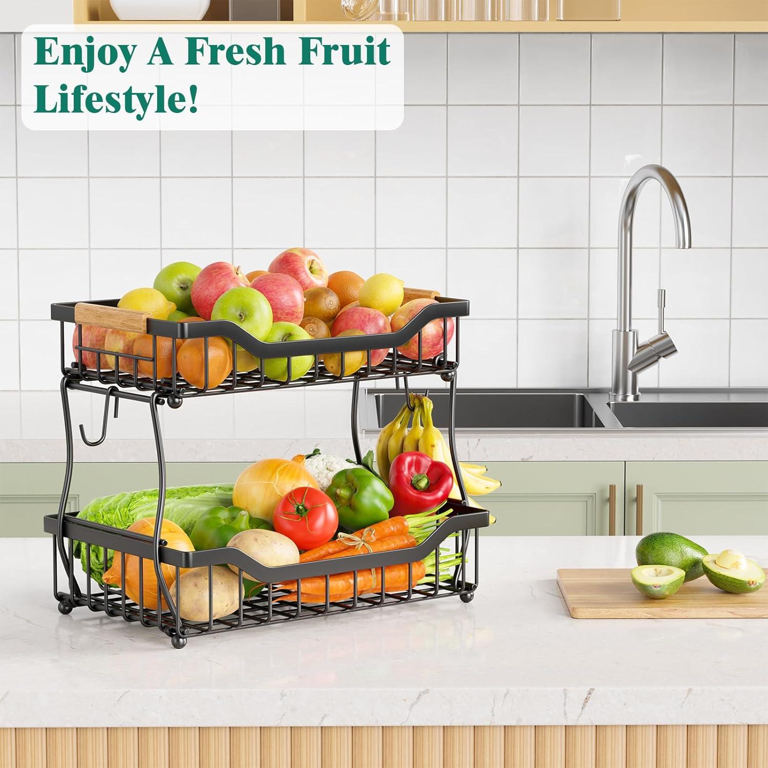 Cesta de Frutas de 2 Niveles Giwil - Organizador de Cocina Negro