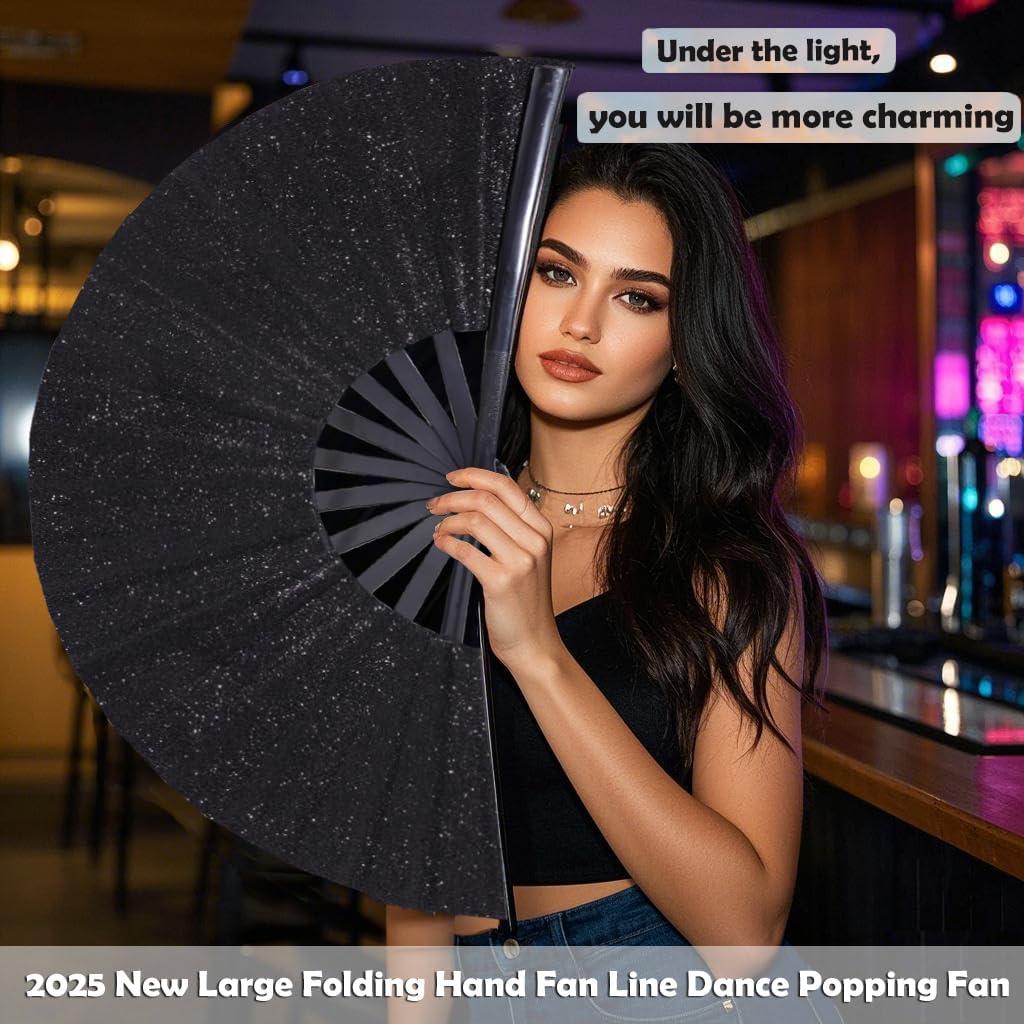 Abanico Plegable Grande 33 cm Brillo Negro para Danza y Fiesta