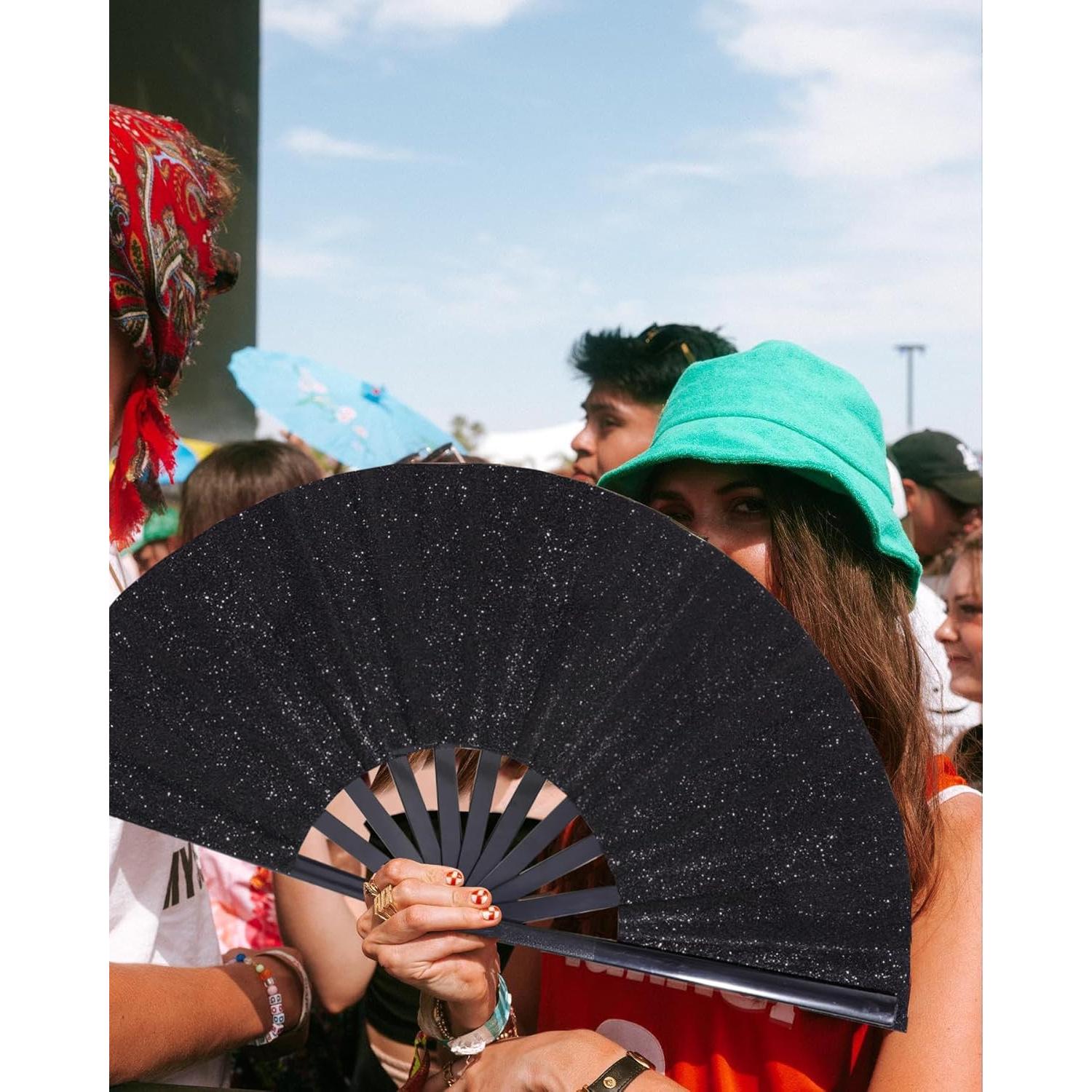 Abanico Plegable Grande 33 cm Brillo Negro para Danza y Fiesta