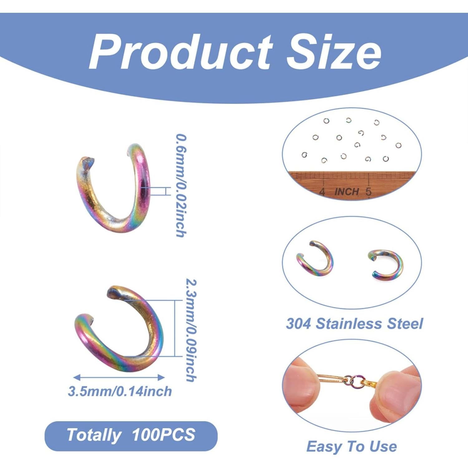 KISSITTY 100 Anillas de Salto Abiertas Arcoíris 3.5mm Acero Inoxidable