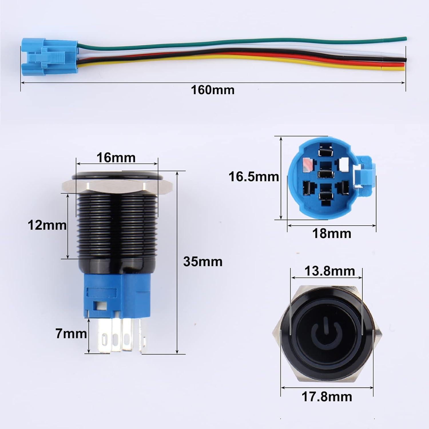 Interruptor de Botón de Presión 16mm DMWD IP66 LED Azul