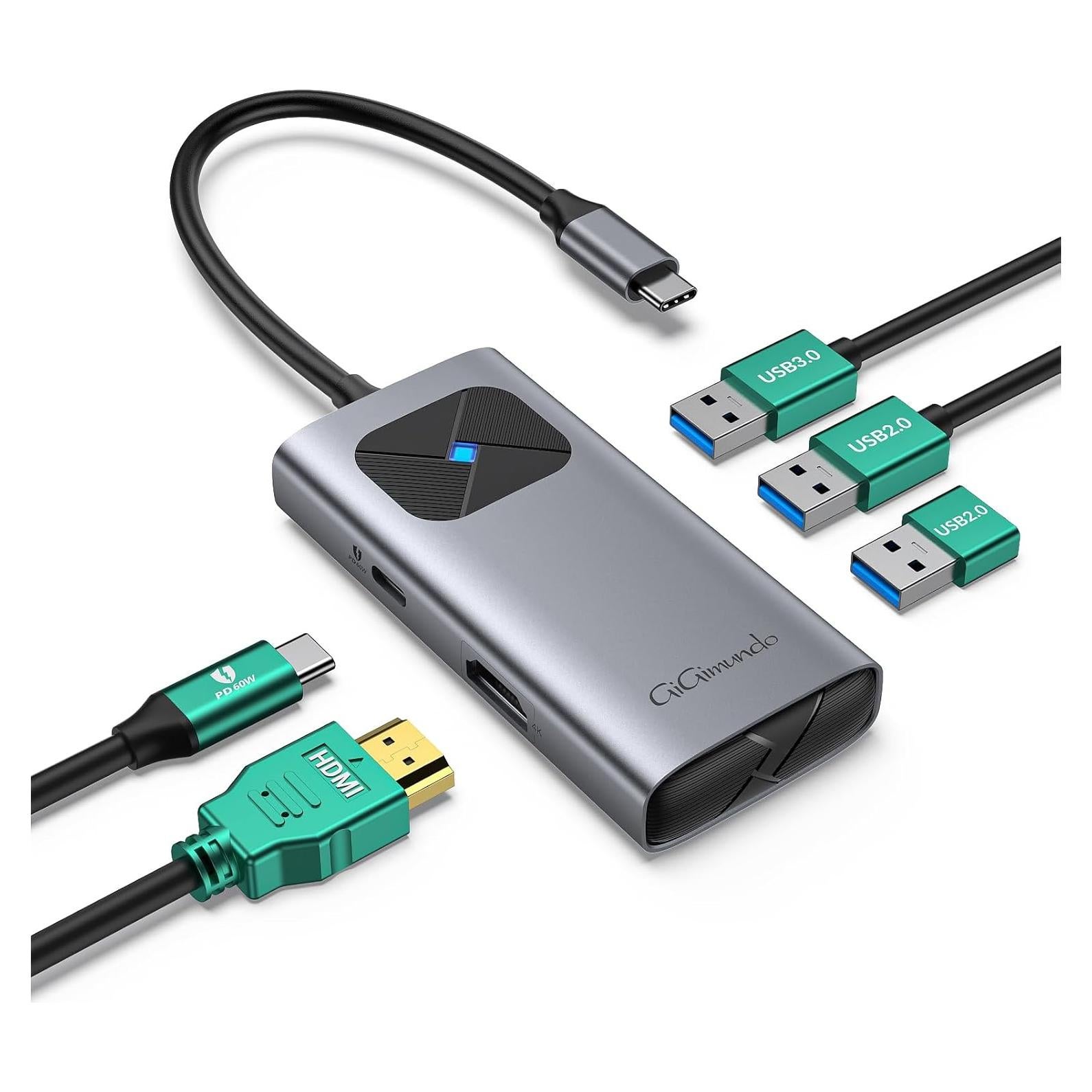 Adaptador Hub USB-C a HDMI 4K GiGimundo 5-en-1 Carga Rápida