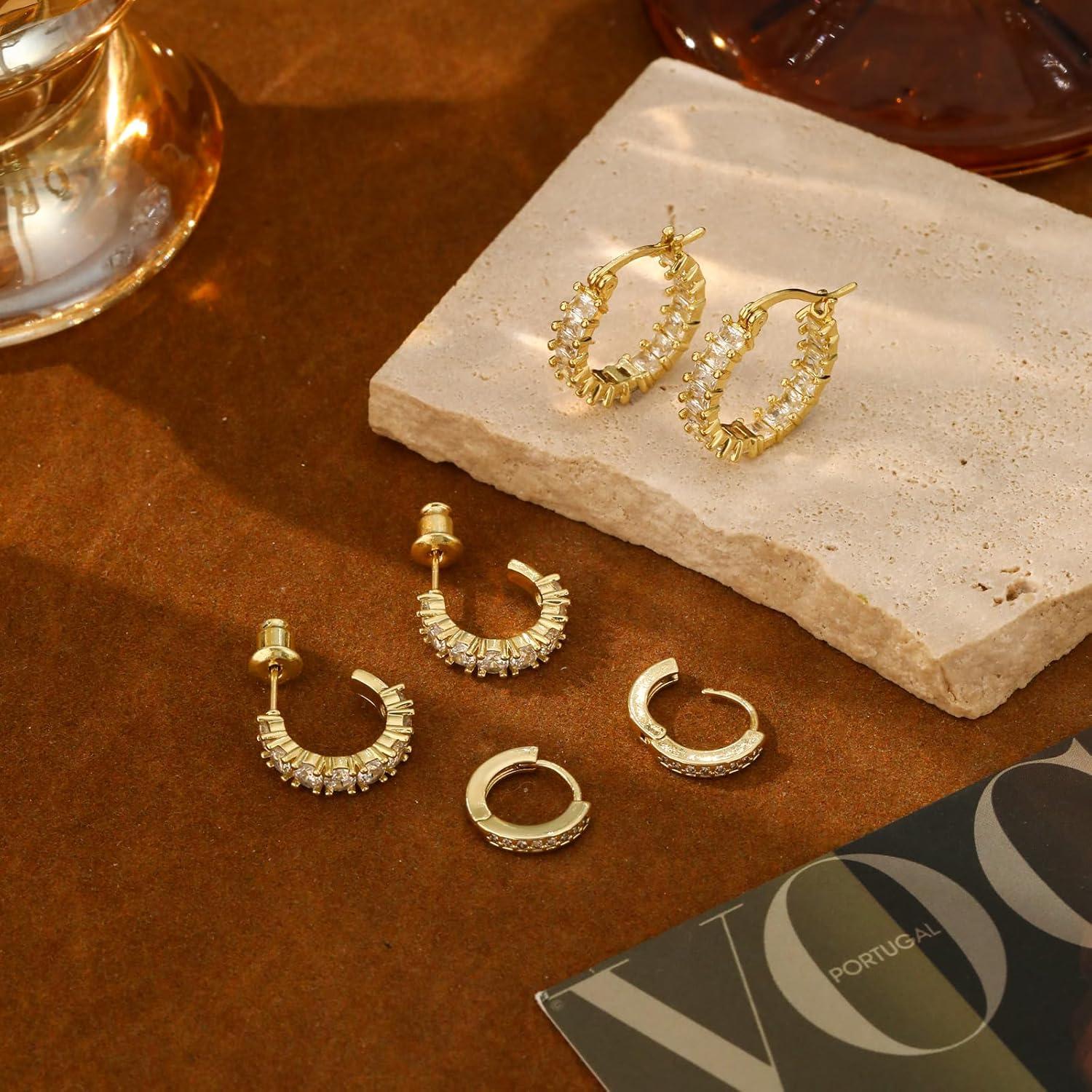 Conjunto de Pendientes de Aro Dorados ASCOMY - 3 Pares CZ