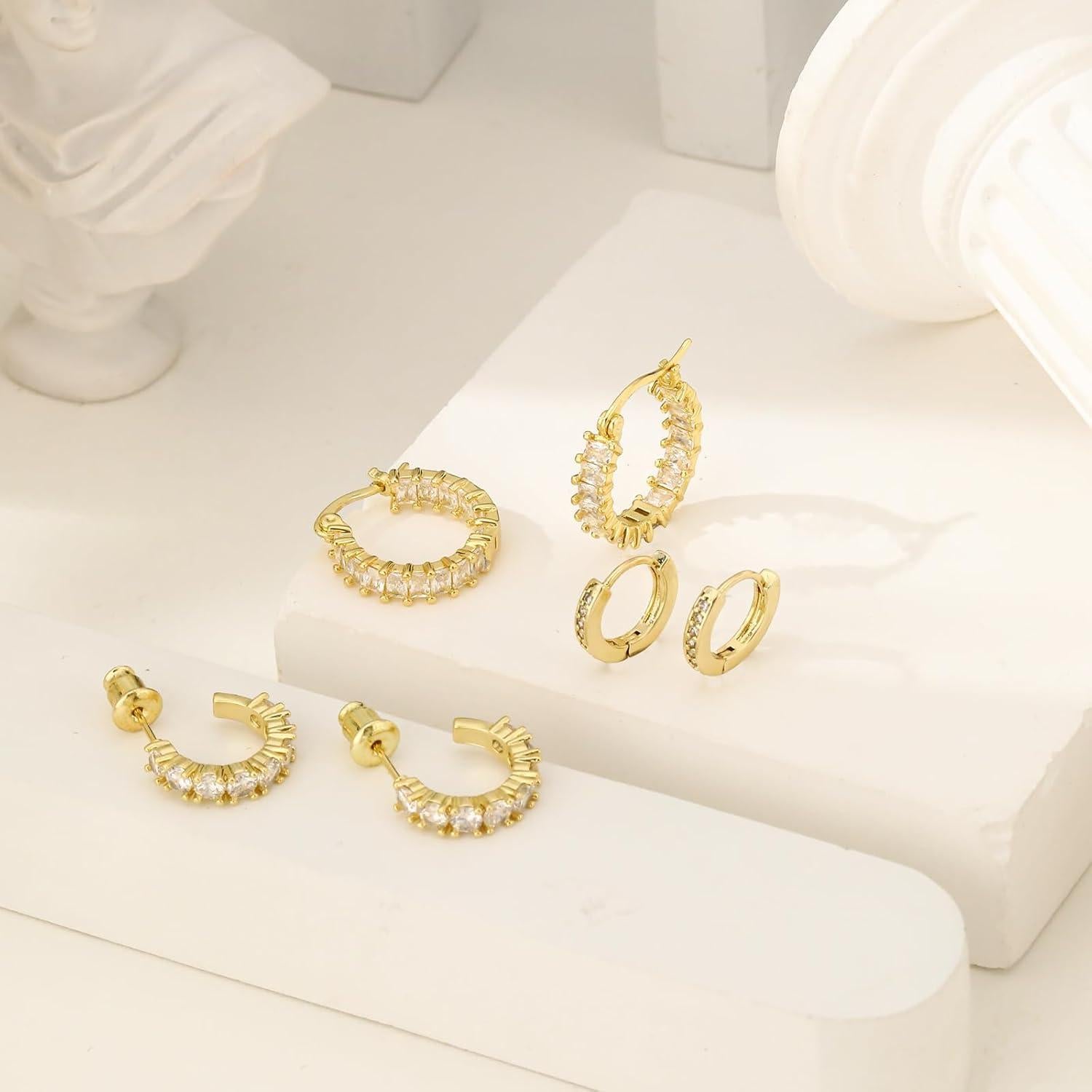 Conjunto de Pendientes de Aro Dorados ASCOMY - 3 Pares CZ