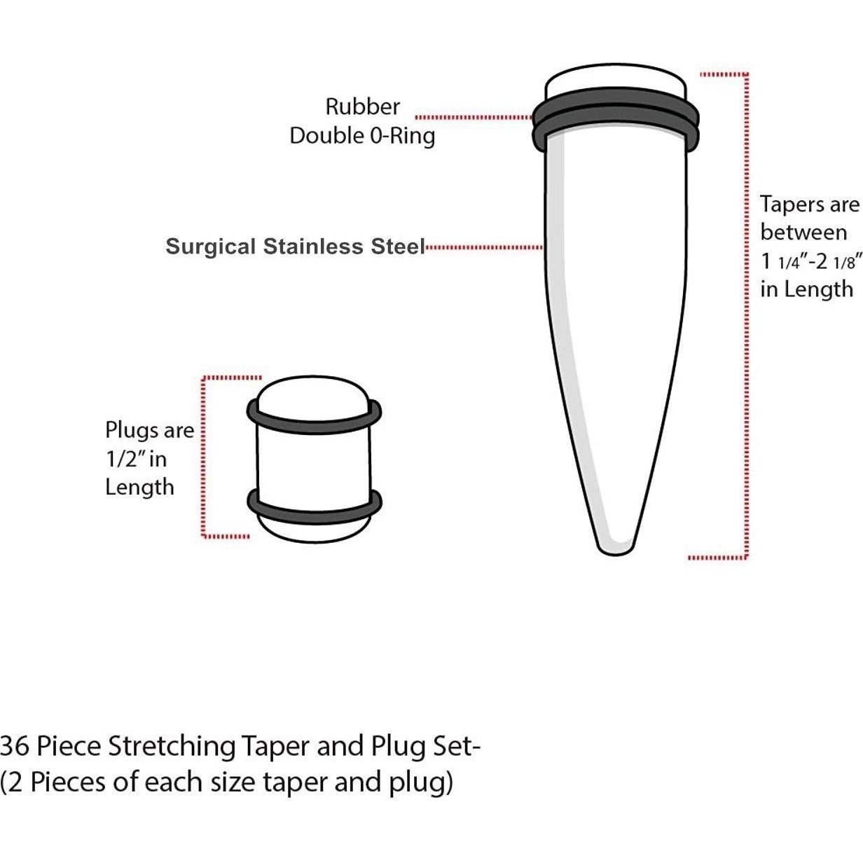Kit de Estiramiento de Orejas 36 Piezas Acero Quirúrgico 14G-00G