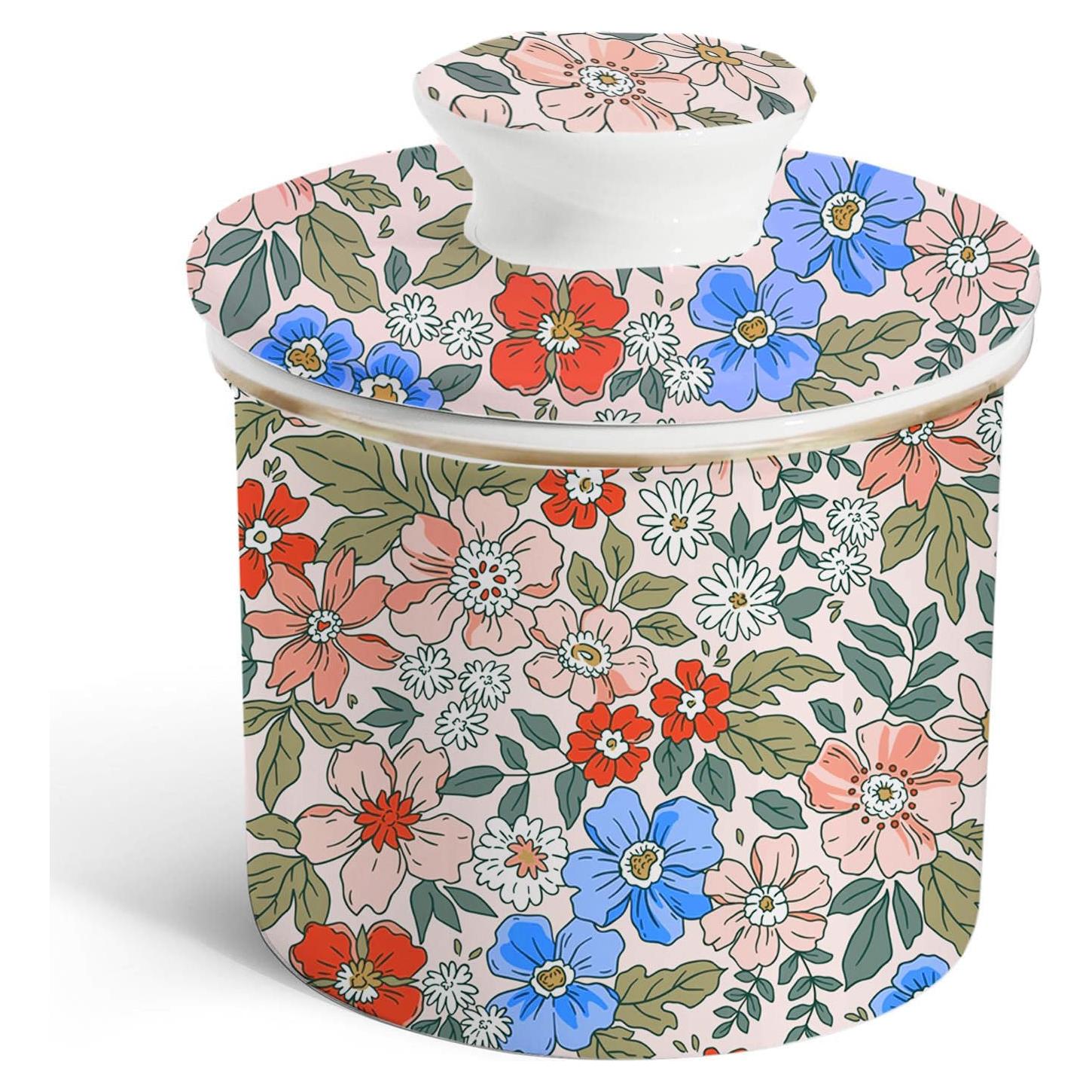 Plato de Mantequilla Cerámica LEAZUL Floral 10.8 cm con Tapa