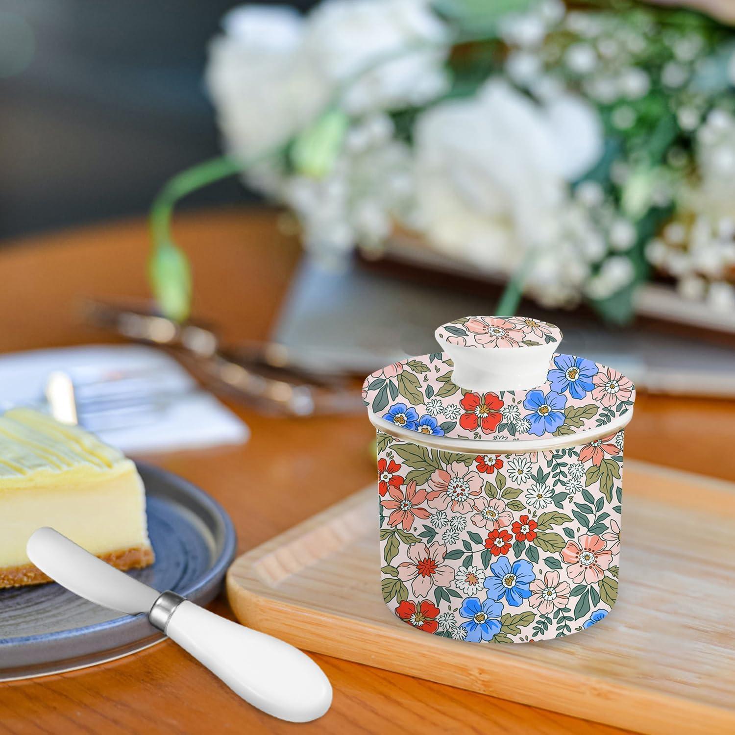 Plato de Mantequilla Cerámica LEAZUL Floral 10.8 cm con Tapa