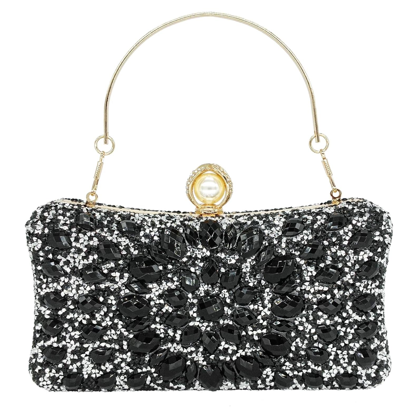 Bolso de mano de perla sintética con cristales para mujer