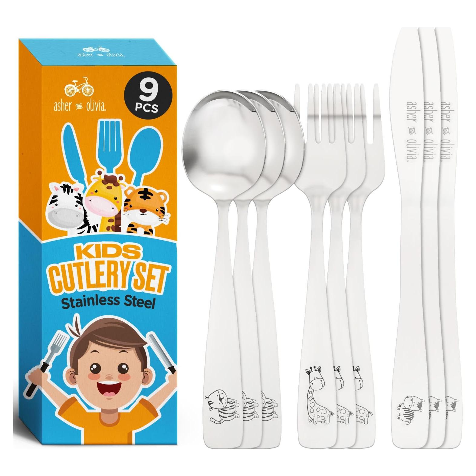 Juego de Cubiertos para Niños Asher y Olivia - 9 Piezas de Acero Inoxidable