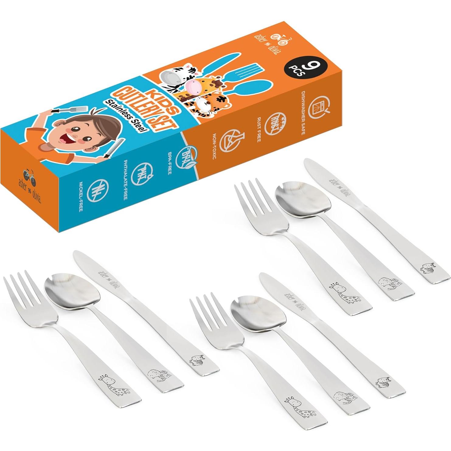 Juego de Cubiertos para Niños Asher y Olivia - 9 Piezas de Acero Inoxidable