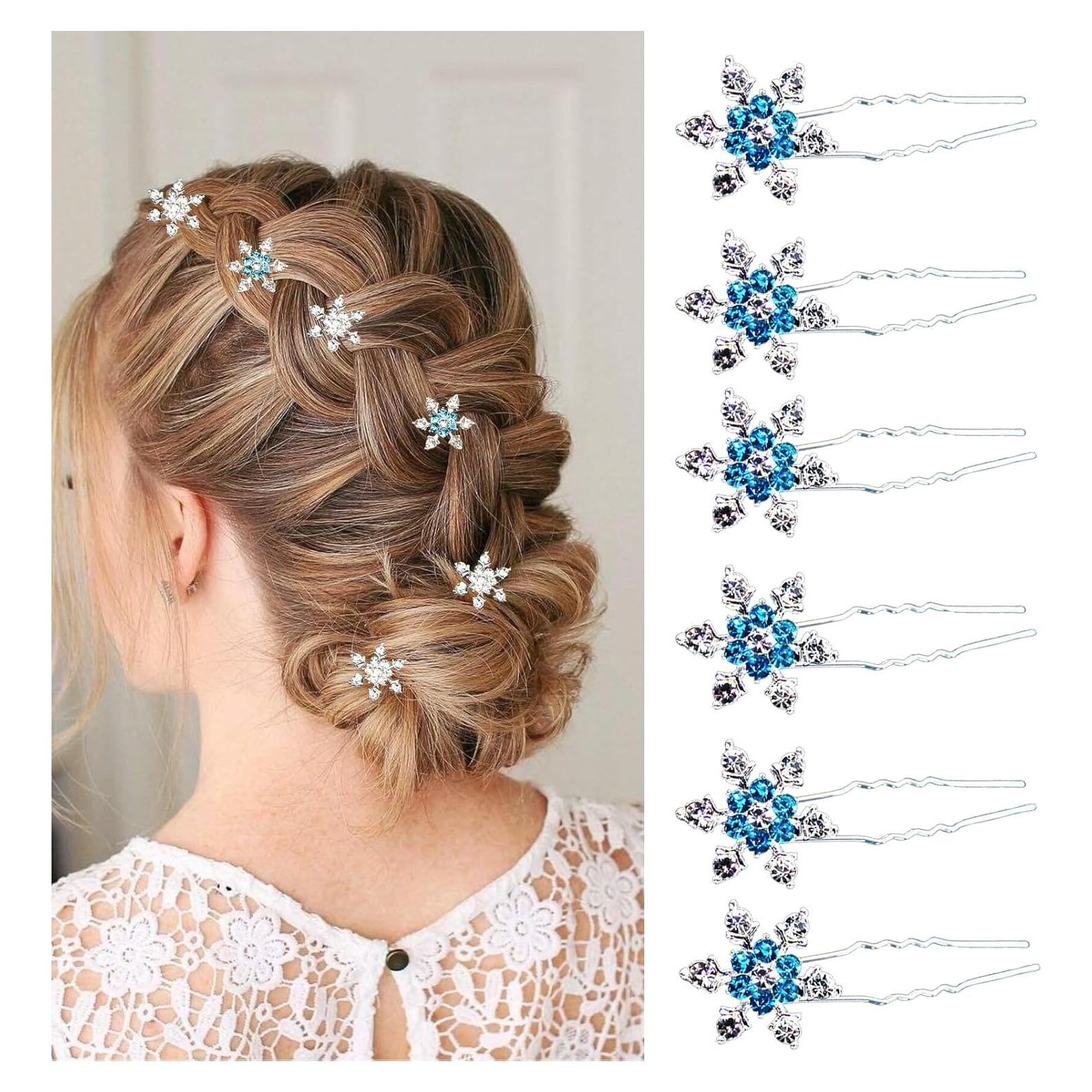 6 Clips de Cabello de Copo de Nieve Azul RUSTAMM 67mm