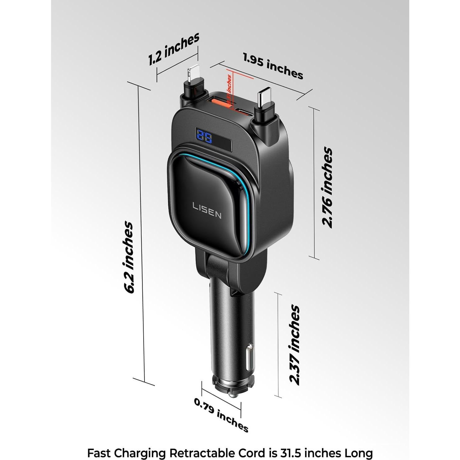 LISEN 96W Retractable Car Charger[USB C Cable & L Cable], 4 in 1 Fast Charging Retractable Car Charger with Voltage Detection & Ambient Lighting Fast Charging for iPhone Samsung Galaxy Z Fold 7