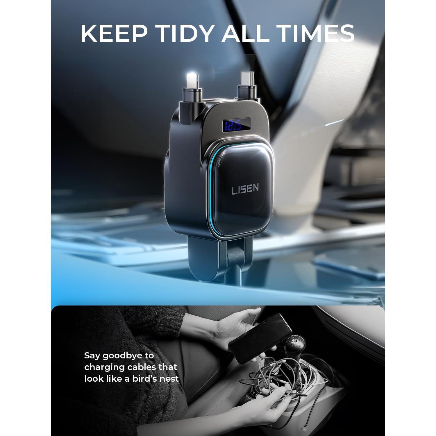 LISEN 96W Retractable Car Charger[USB C Cable & L Cable], 4 in 1 Fast Charging Retractable Car Charger with Voltage Detection & Ambient Lighting Fast Charging for iPhone Samsung Galaxy Z Fold 7