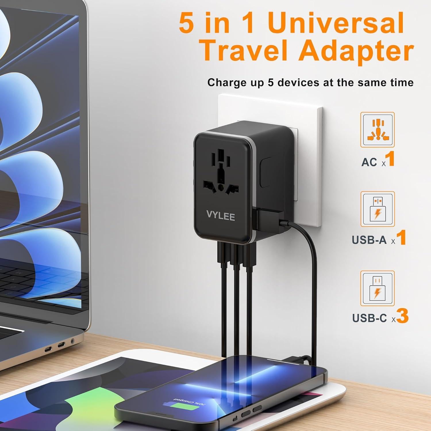Adaptador de Viaje Universal VYLEE 45W Carga Rápida 5 Puertos
