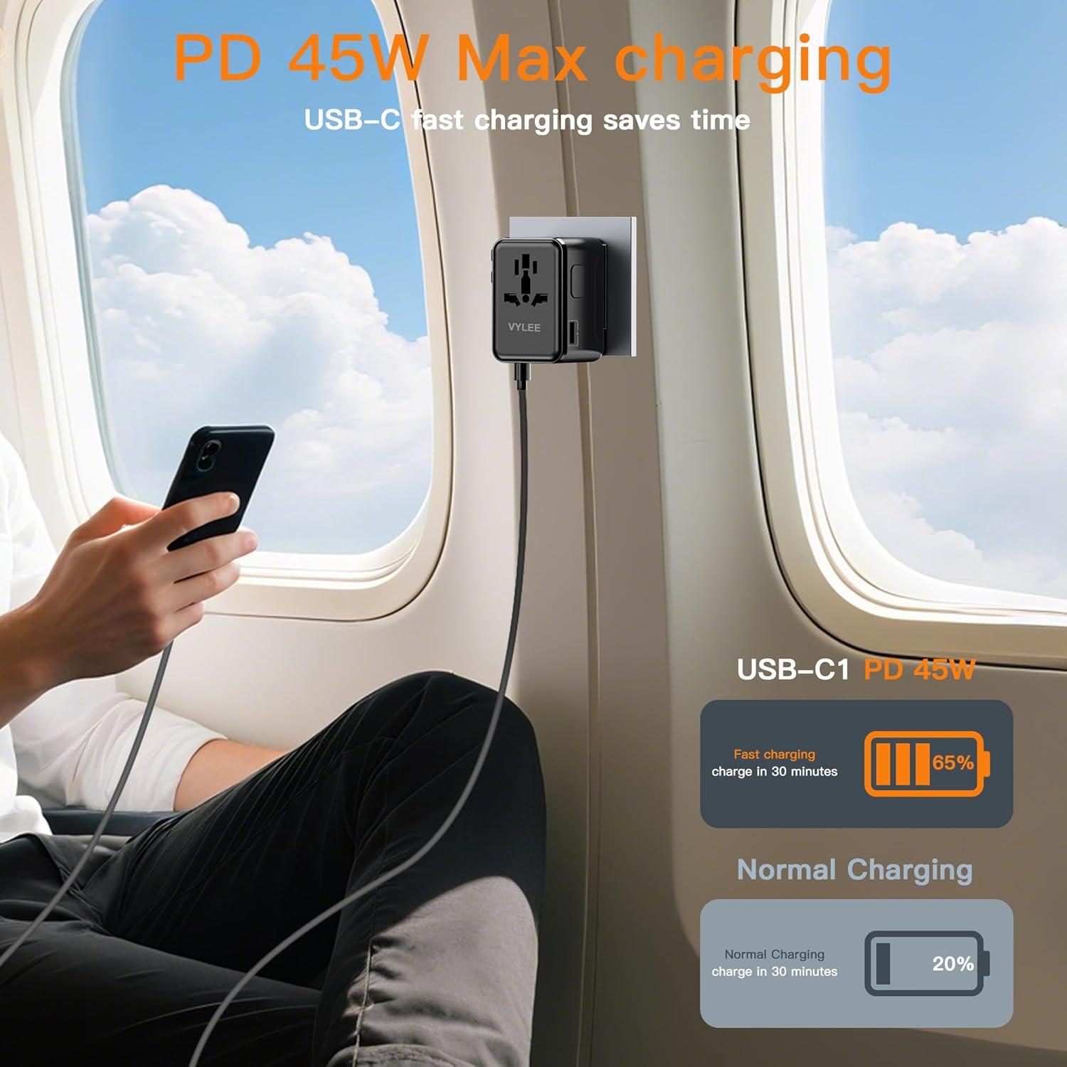 Adaptador de Viaje Universal VYLEE 45W Carga Rápida 5 Puertos