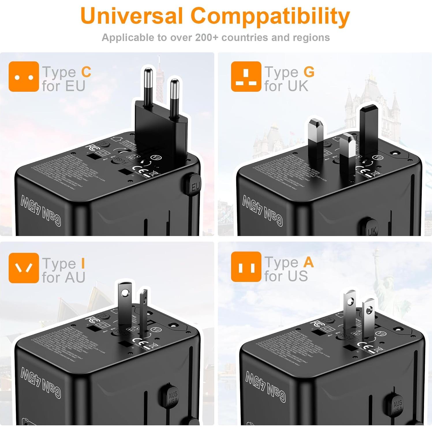 Adaptador de Viaje Universal VYLEE 45W Carga Rápida 5 Puertos