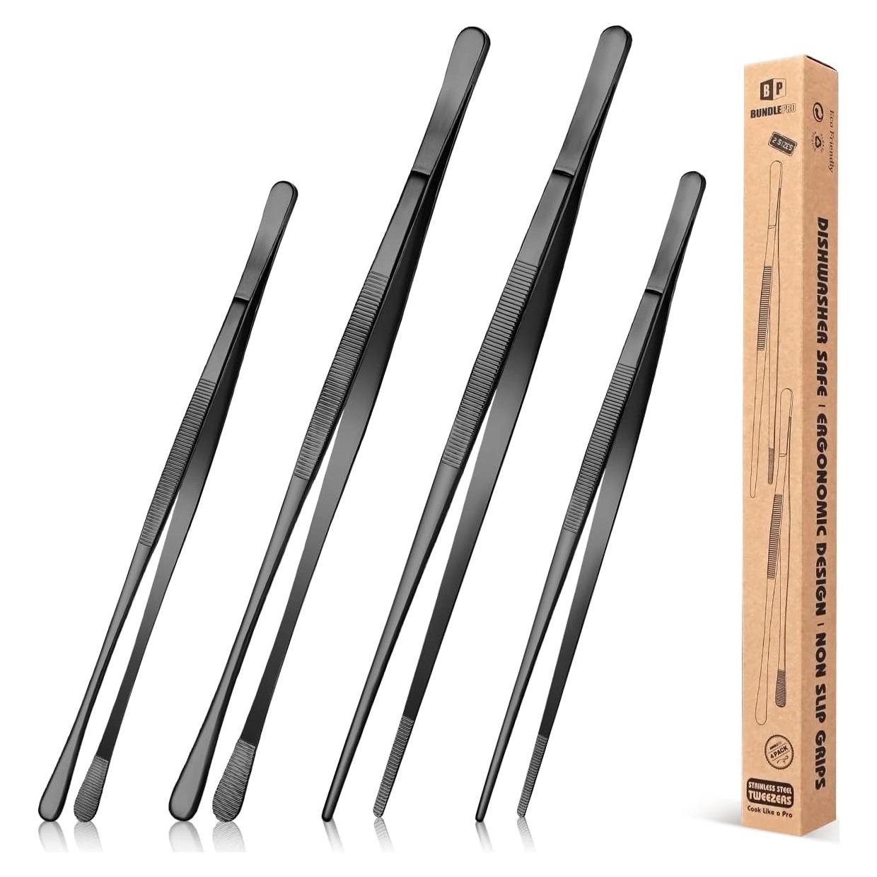 Conjunto de 4 Pinzas Largas BUNDLEPRO de Acero Inoxidable 30.48 cm y 25.4 cm