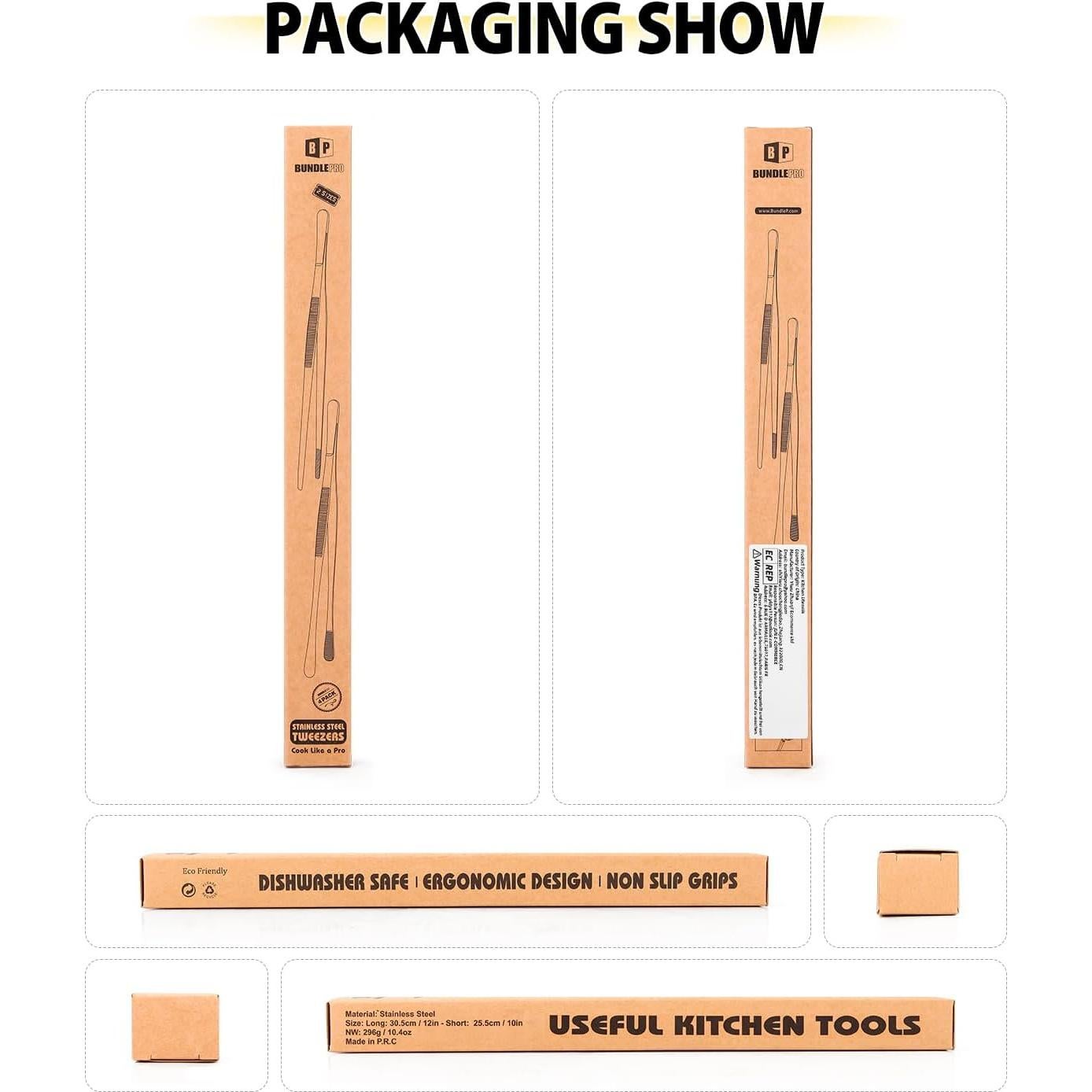 Conjunto de 4 Pinzas Largas BUNDLEPRO de Acero Inoxidable 30.48 cm y 25.4 cm