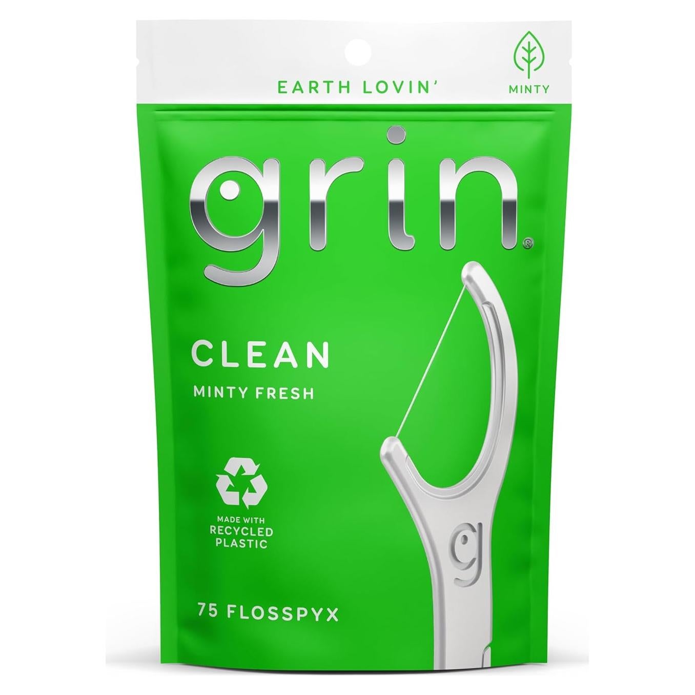 GRIN Clean Flosspyx, Floss Picks, 75 Count, Dental Flossers, Minty Flavor, Recycled Plastic, Super Strong Fine Floss, Tight Teeth, Premium Longer Floss Head, Includes Safe Fold-Back Tooth Pick