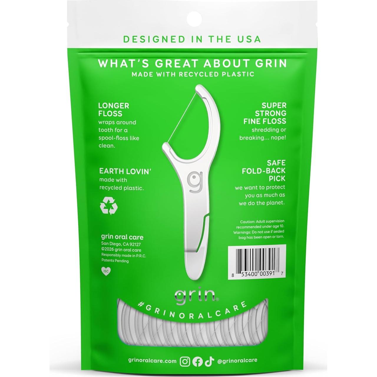 GRIN Clean Flosspyx, Floss Picks, 75 Count, Dental Flossers, Minty Flavor, Recycled Plastic, Super Strong Fine Floss, Tight Teeth, Premium Longer Floss Head, Includes Safe Fold-Back Tooth Pick