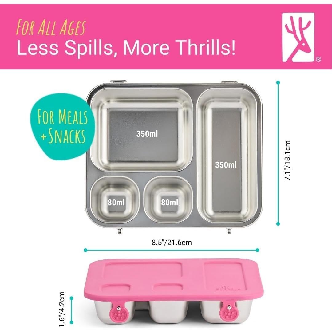 Caja Bento de Acero Inoxidable Elk y Amigos 4 Compartimentos Rosa