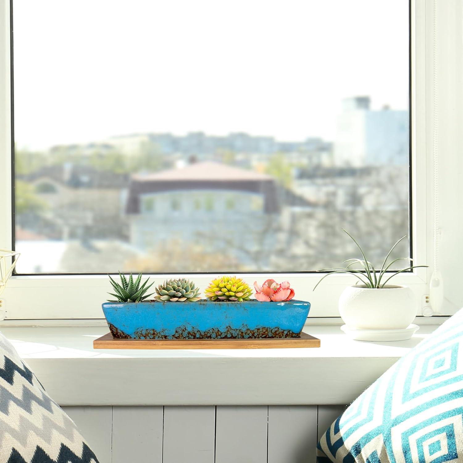 Maceta Cerámica Rectangular ARTKETTY 25 cm con Drenaje Azul