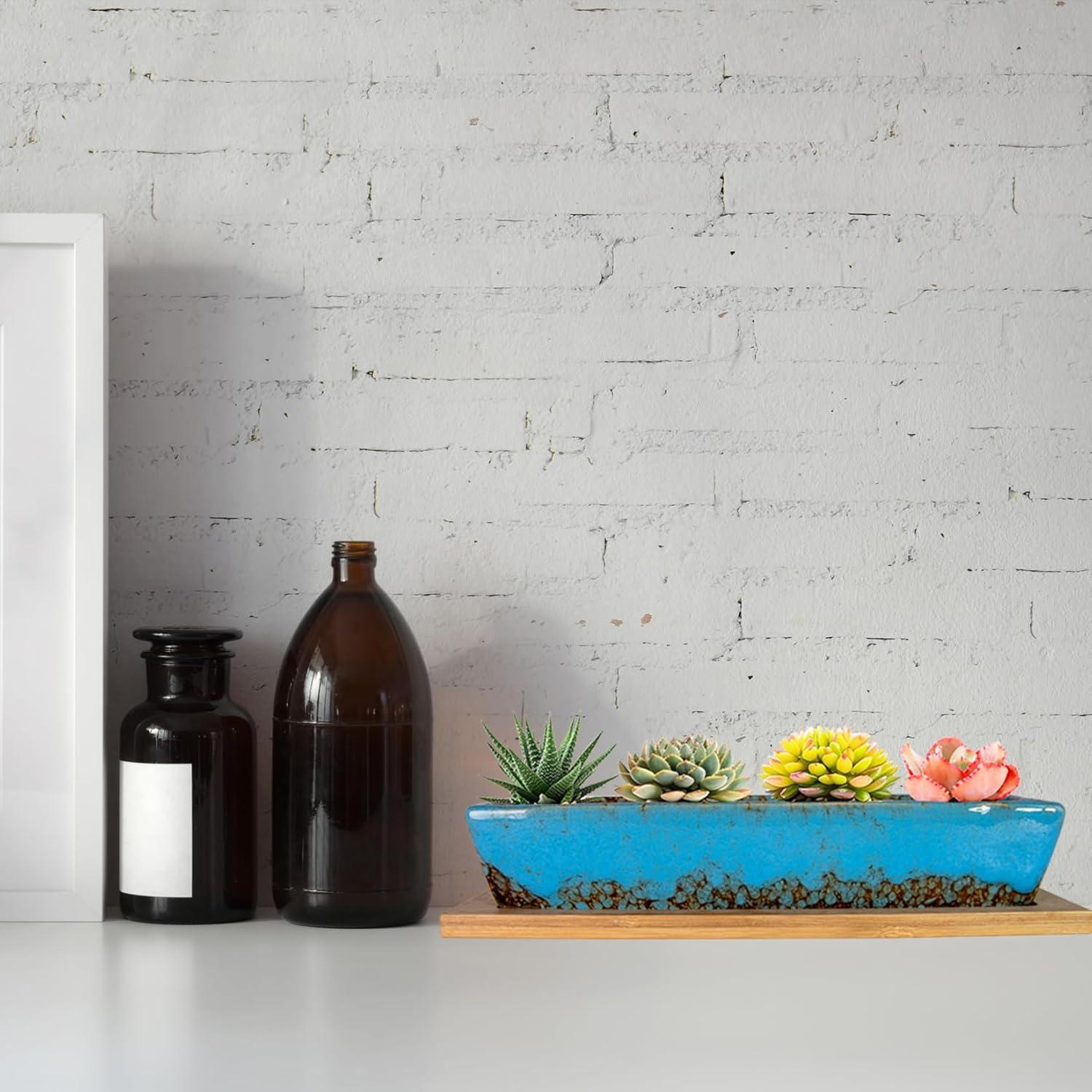 Maceta Cerámica Rectangular ARTKETTY 25 cm con Drenaje Azul