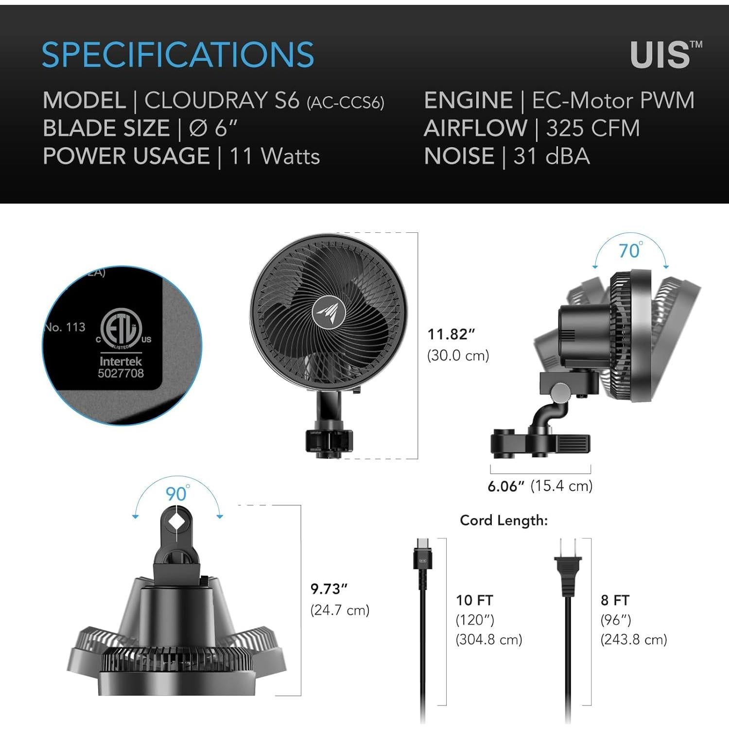 Ventilador de Clip AC Infinity CLOUDRAY S6 15,24 cm 10 Velocidades