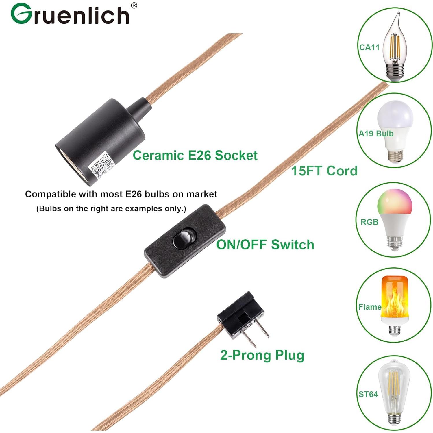 Kit de Luz Colgante Enchufable Gruenlich 3 Paquetes Bronce