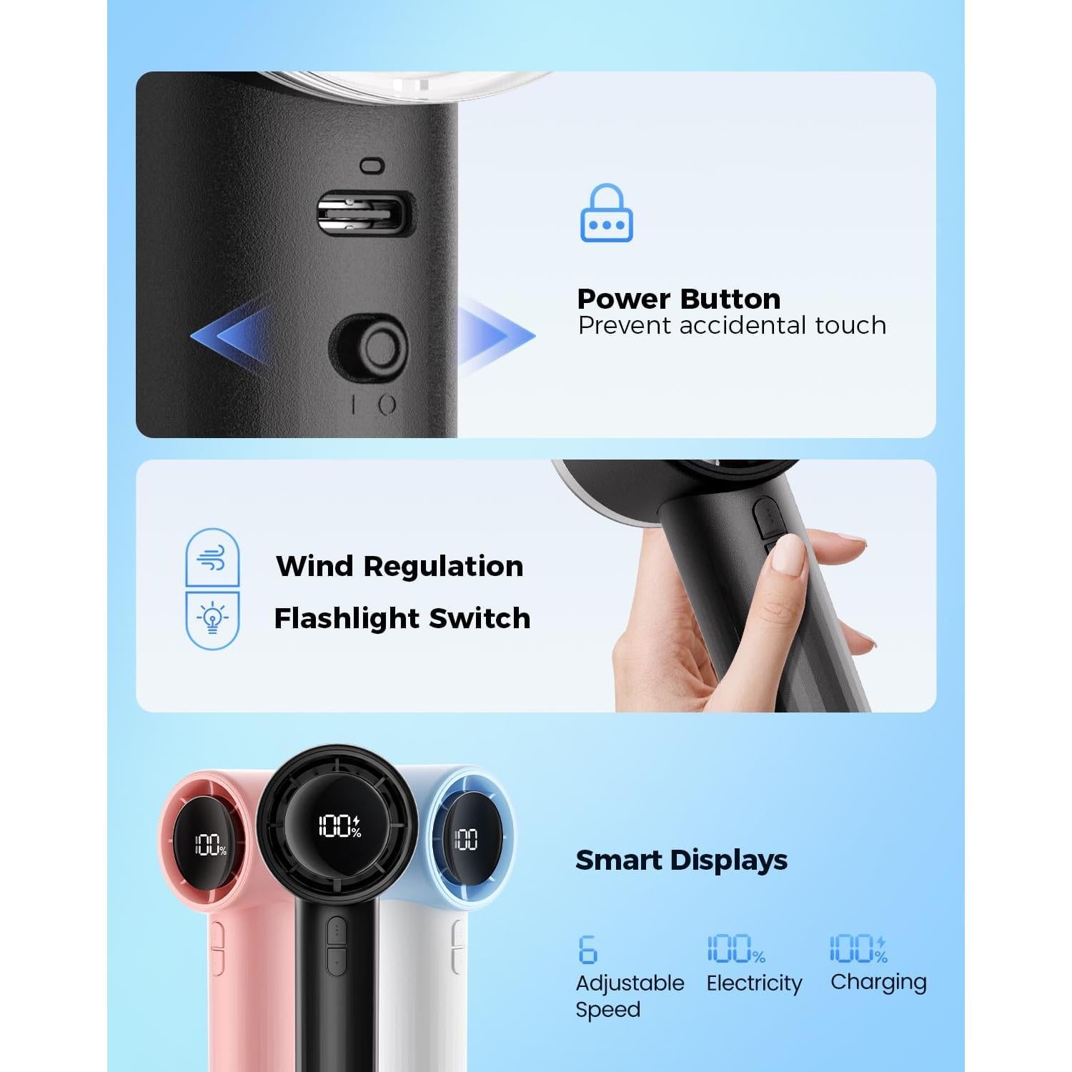 Ventilador Portátil SWEETFULL Recargable 6 Velocidades Negro