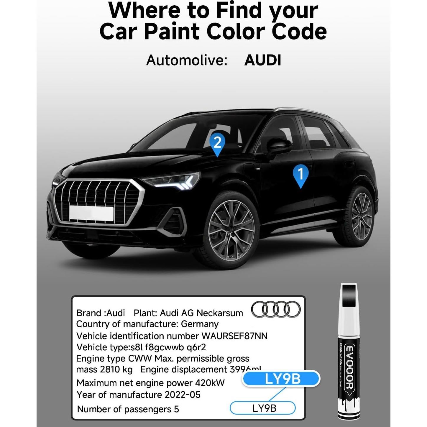 Pintura de Retoque EVOOOR 12.1ml Negro Brillante LY9B para Audi