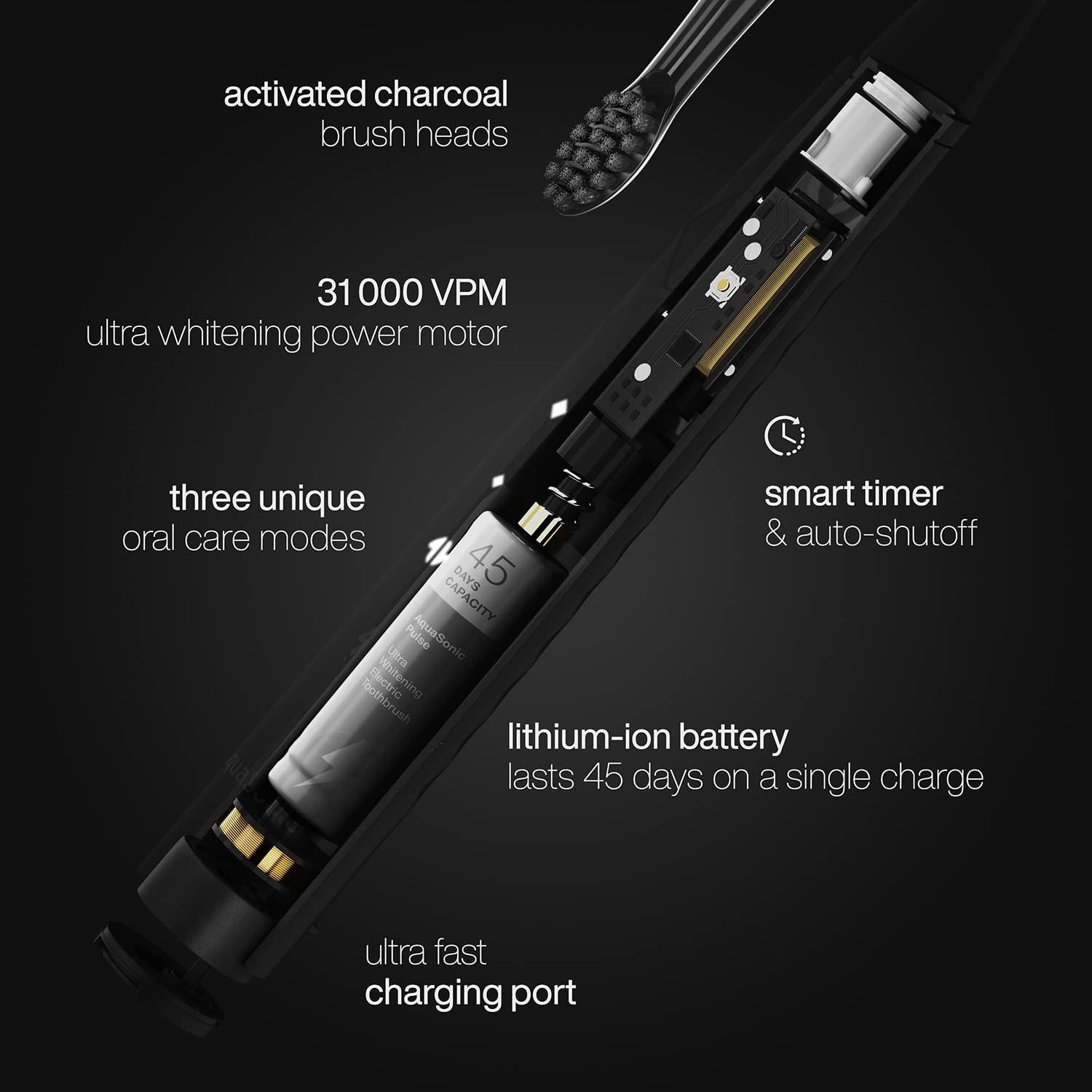 Cepillo de Dientes Eléctrico AquaSonic Pulse - Blanqueador con Carbón Activado - 3 Modos - Recargable