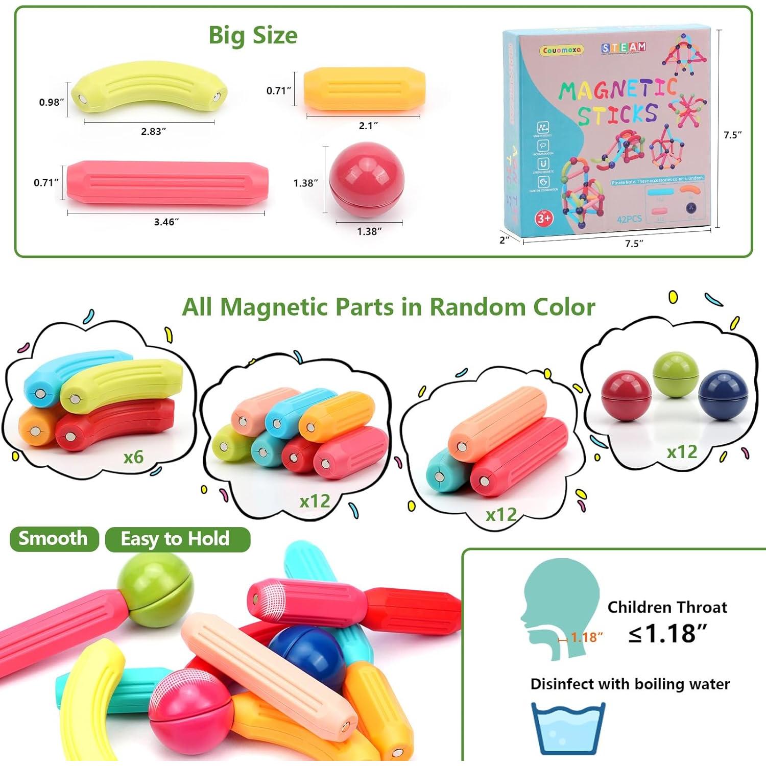 Bloques de Construcción Magnéticos COUOMOXA 42 Piezas - Juguete STEM para Niños 3-5 Años