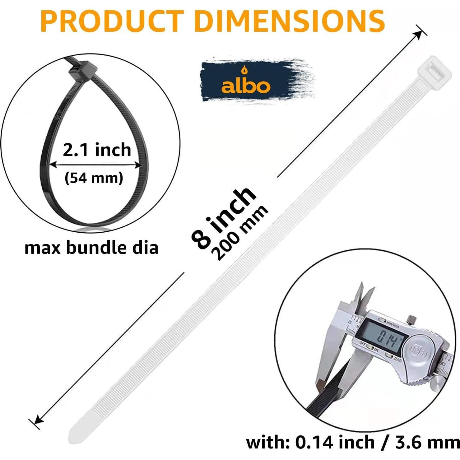 Bridas Blancas ALBO 8 Pulgadas 1000 Piezas 40 lb Nylon