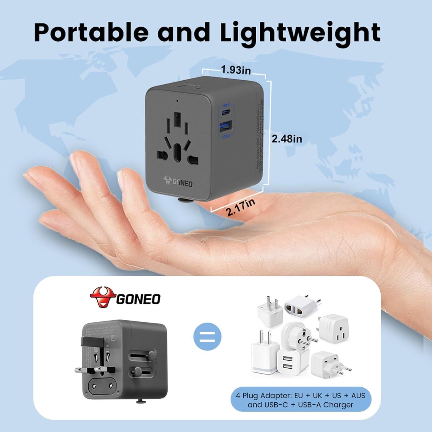 Adaptador de Viaje Universal GONEO 20W con USB C y A