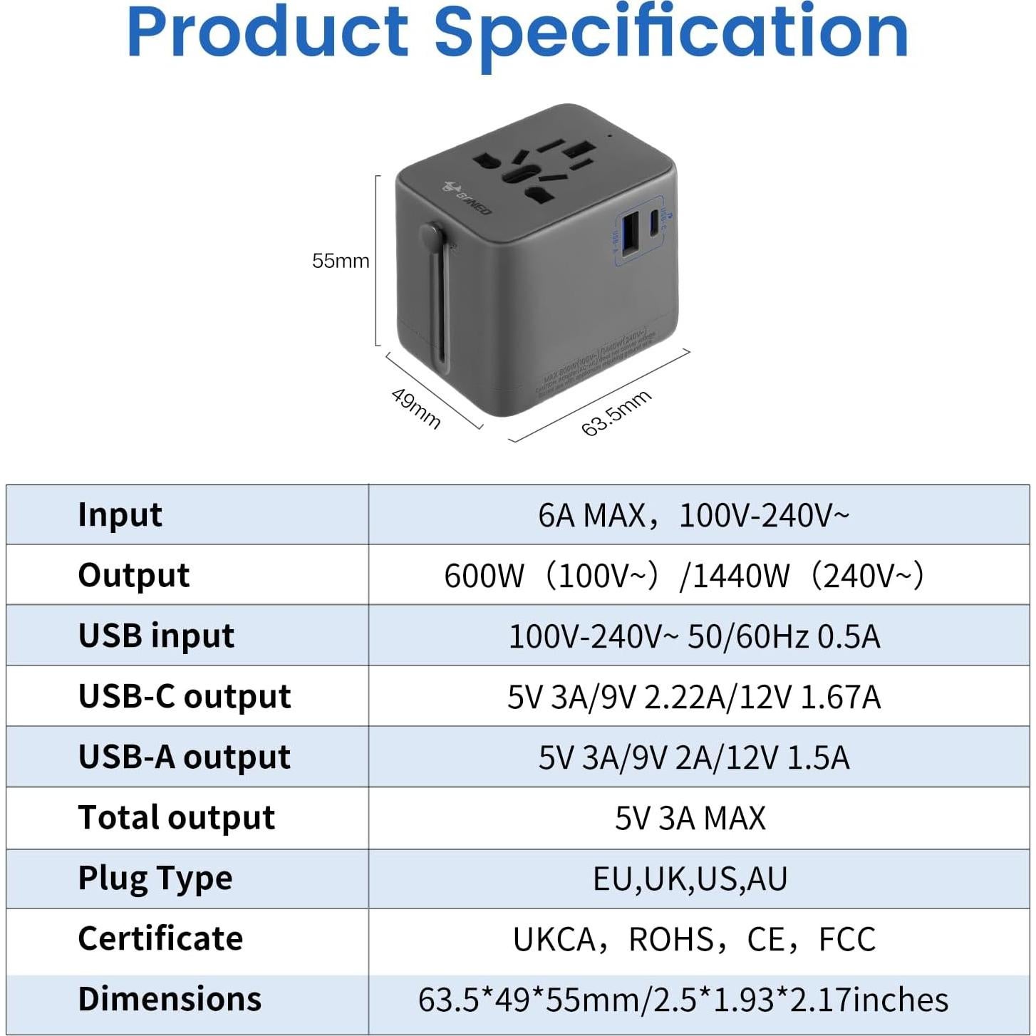 Adaptador de Viaje Universal GONEO 20W con USB C y A