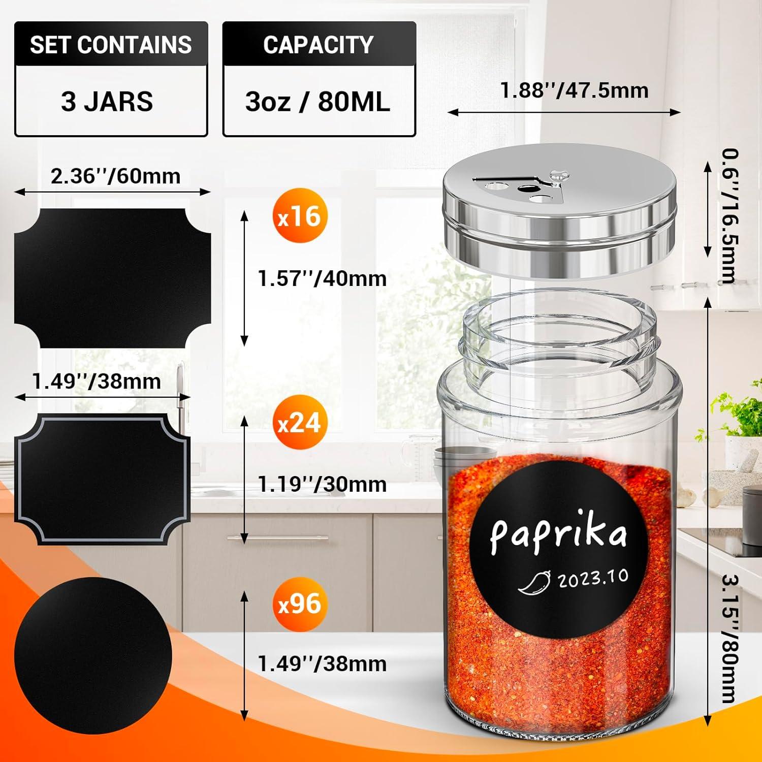 Set de 3 Tarros de Especias de Vidrio Segarty 80ml con Etiquetas