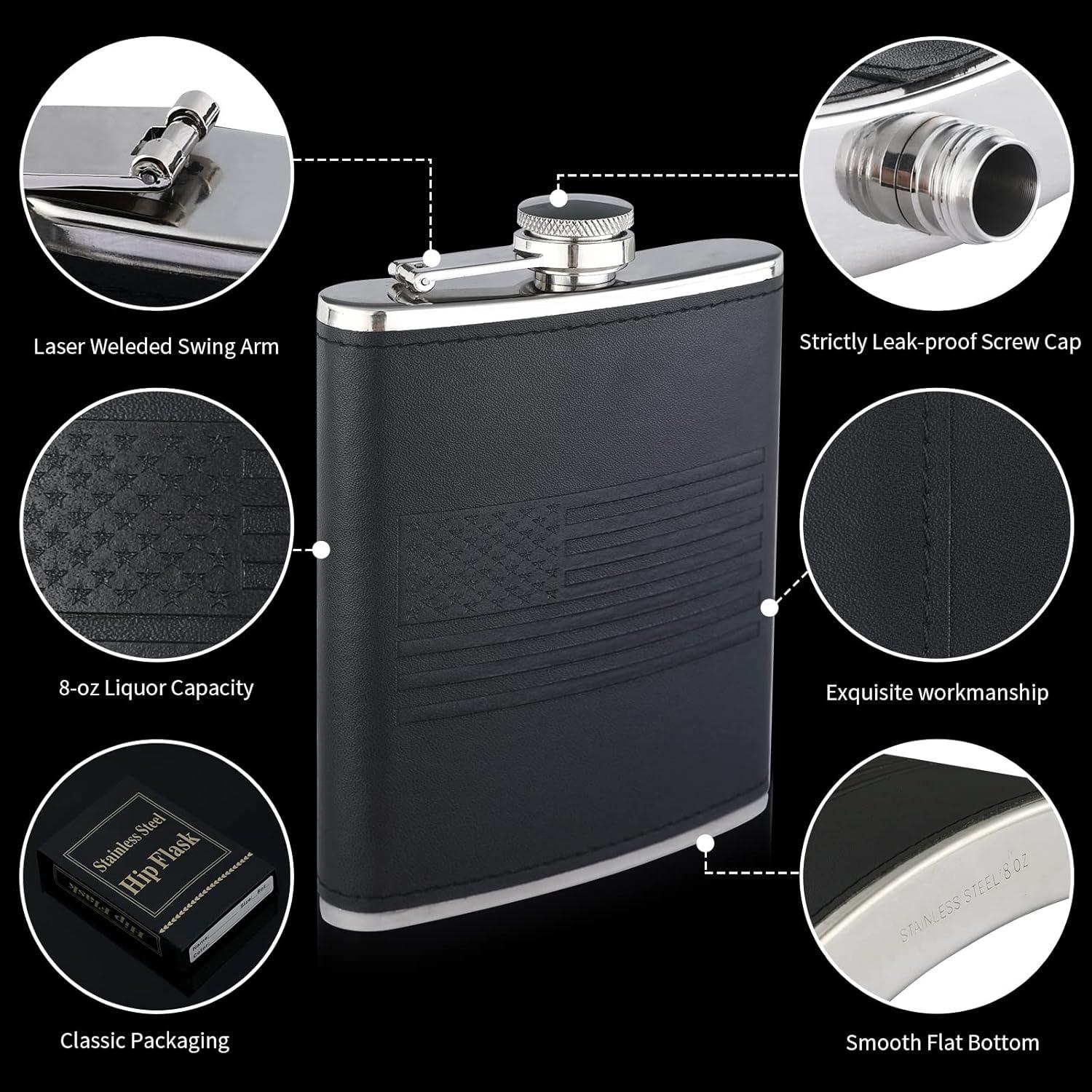 Frasco de Licor 8Oz Rachan Cuero Negro con Bandera Americana