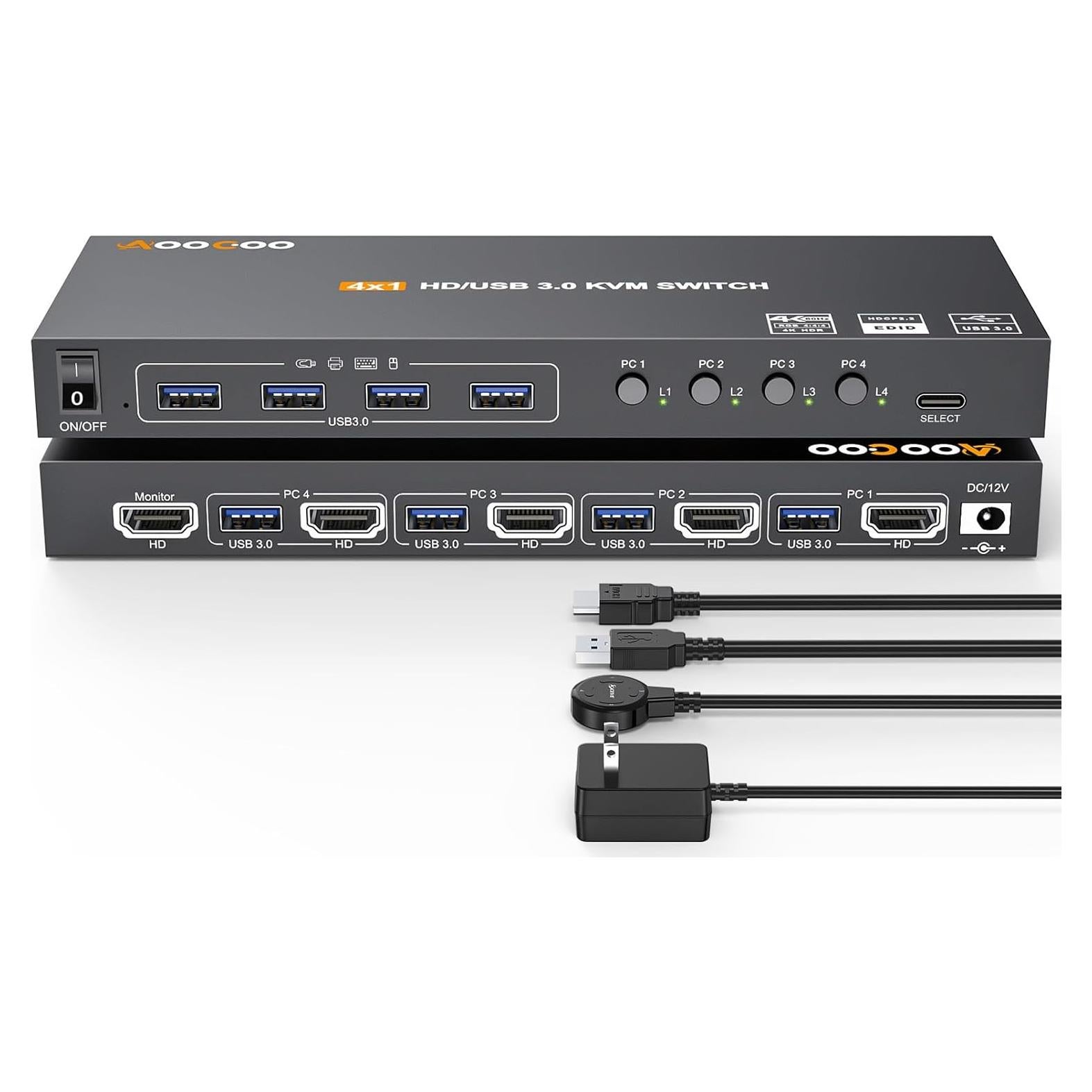 Interruptor KVM HDMI 4K AOOCOO 4 PCs 1 Monitor USB 3.0